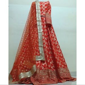 Burnt orange Benarasi style lehenga